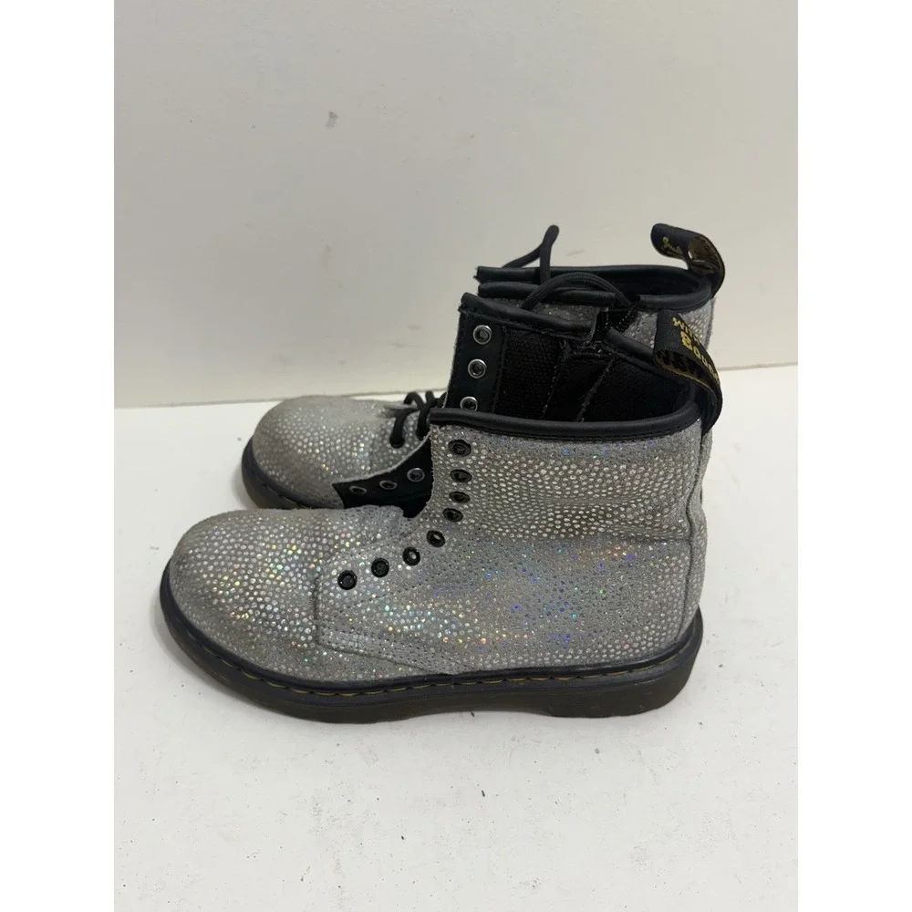 Dr Marten's Junior 1460 Sparkle Silver‎ Lace Up Combat Boots Girls Size 2 Silver